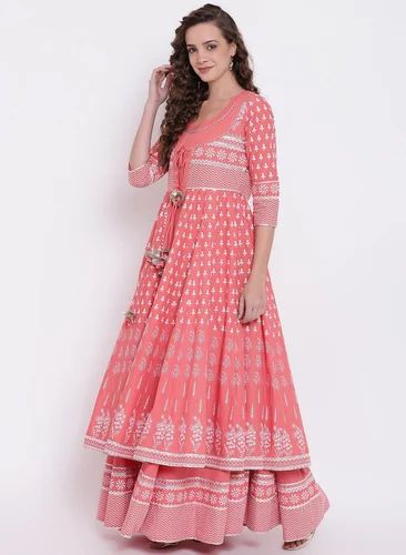 Pink Leheriya Cotton Anarkali