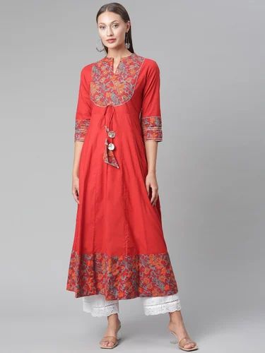 Cotton Brick Red Anarkali Kurta, Set/Stitched Type: Kurti Only