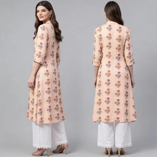 Foil Print Black Cotton Flex A Line Kurta, Length: Calf Length