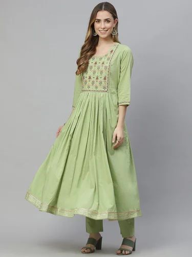 Printed Festive Wear Green Cotton Kurta Pant Set