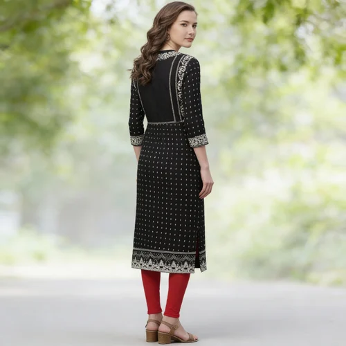Black Rayon Straight Kurti, Foil Print