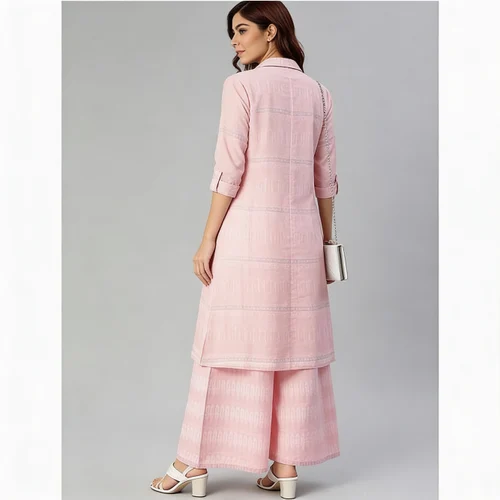 Cotton Pink And White Printed Kurta with Palazzos And Jacket