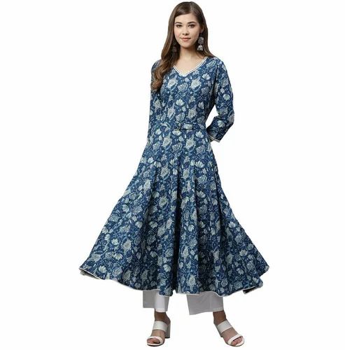 Cotton Indigo Flaired Kurta With Belt