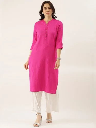 Pink Solid Straight Roll Up Sleeve Kurti, Cotton