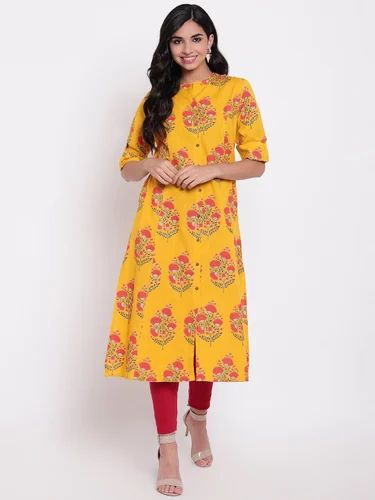 Cotton A Linen Printed Kurta, Length: Calf Length