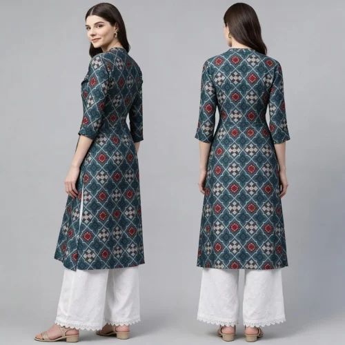 A Line Printed Rayon Kurta, Length: Calf Length