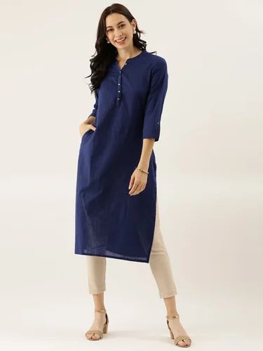 Blue Solid Straight Roll Up Sleeve Kurti, Cotton