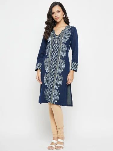 Elegant Blue Jacquard Woolen Kurti for Women - Stylish, Warm, and Comfortable
