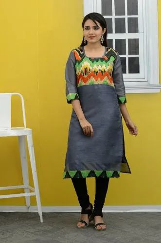 Regular 3/4th Sleeve Raw Silk Kurties, Size: L Xl