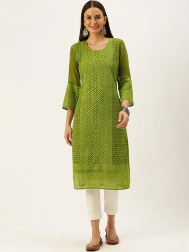 Women Georgette Embroidered Bell Sleeves Chikankari Straight Kurti