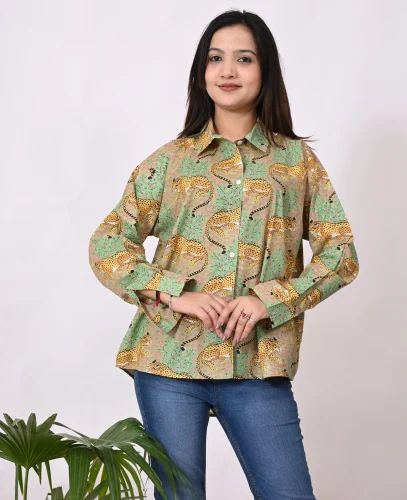 Printed Green Indian Handmade tiger print cotton shirt, Size: Medium, Formal