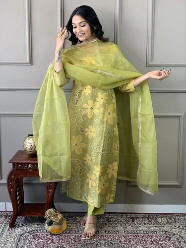 Straight Yellow Heavy muslin silk kurti set