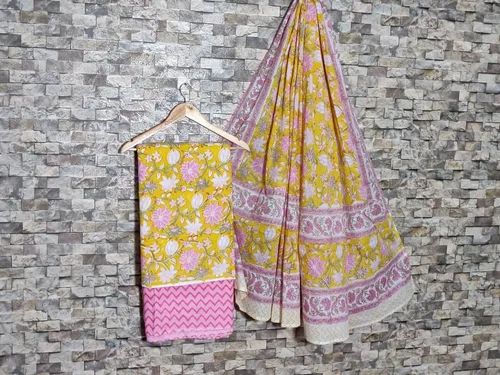 Yellow Base and Pink Flower and Zigzag Hand Block Printed Dress Material Set with Dupatta