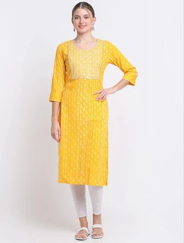 Straight Rayon Bhandej Print Embroidery Kurti