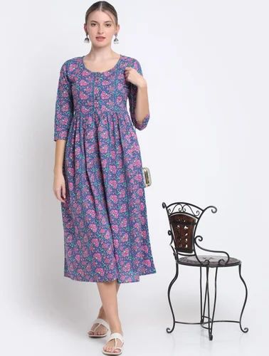 Ethnic Brown Cotton Printed Designer Long Gown, Stitched