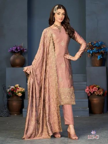 Ladies Round Neck Printed Vichitra Silk Three Piece Kurti Set With Matching Dupatta