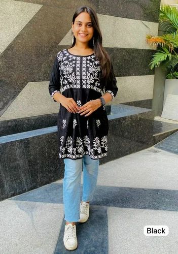 COLLEGE AND OFFICE WEAR ROUND NECK CHIKANKARI WORK FREE SIZE KURTI SET, Size: XL