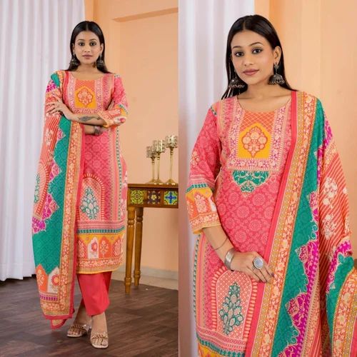 MASLIN With Fully Stitch Embroidery Rayon Fabric Traditional Look Three Piece Dress