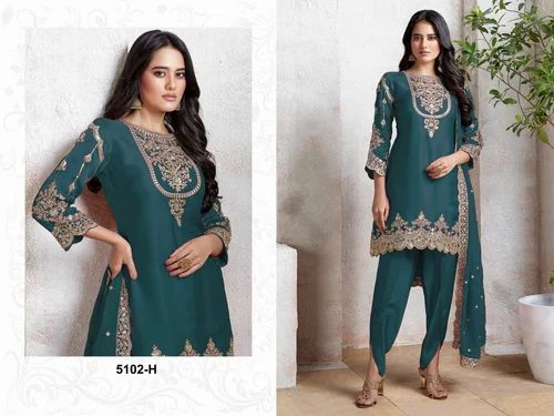 2025 Heavy Faux Georgette With Embroidery Kurti& Bottom With Dupatta Set For Sale