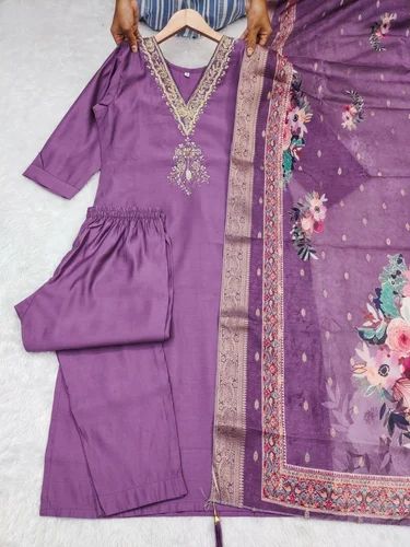 Purple Color Thread& Embroidery Work Pure Roman Silk Fabric Fancy Kurti SET