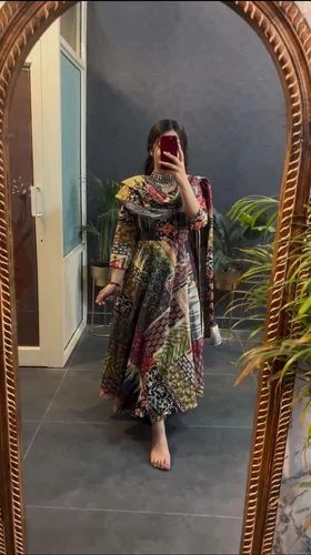 2024 Cotton Print Anarkali Style Multi Color Fancy Kurti& Bottom With Dupatta Set