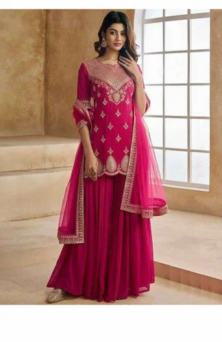 Anarkali Style Rani Color Embroidery Kurti& Bottom With Lace Border Dupatta Set