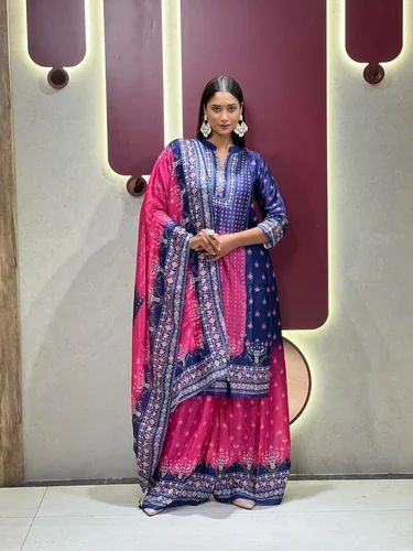 Elegant Look Bright Color Embroidery Knee Length Kurti& Pent With Dupatta Set