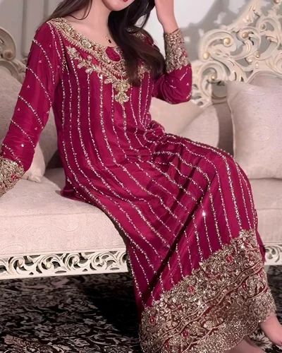Full Stitch M TO XXL Size Heavy Chinon Silk Embroidery Length Length Kurti SET