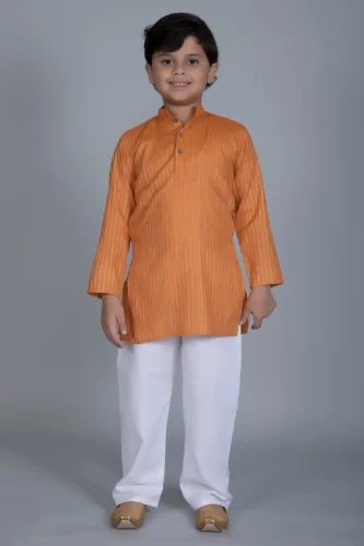 Vastraa Fusion Boy's Gold Line Handloom Weaving Pure Cotton Kurta, Round Collar, Full Sleeves
