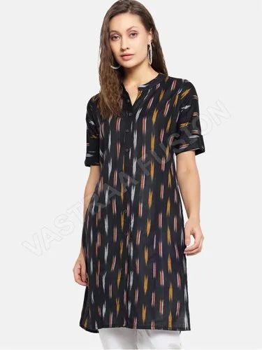 Printed Cotton Ikat Fabric Kurti For Women And Girls, Black, Teal Green, Orange Mehndi, Purple