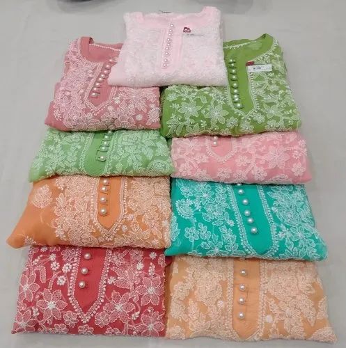 Multicolor Chiffon Ladies Kurti With Bell Sleeves, Wash Care: Machine Wash