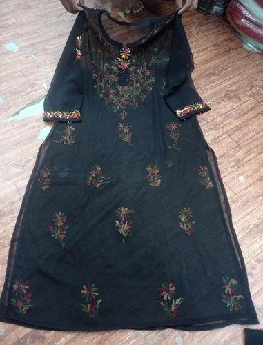 Ladies Long Kurti Black Multi Colour Chiffon Fabric