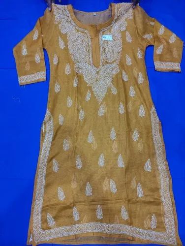 Long Kurti, Kota Cotton Fabric, With Neck Booti Embroidered, Fine Chikankari