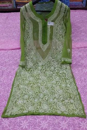 Multicolor Lucknowi Chikankari Hand Embroidered Kurti, Wash Care: Machine Wash