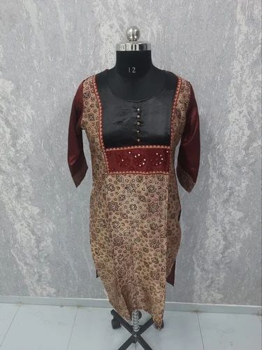 Multicolor Mirror Work Ajrakh Print Gajji Silk Kurti