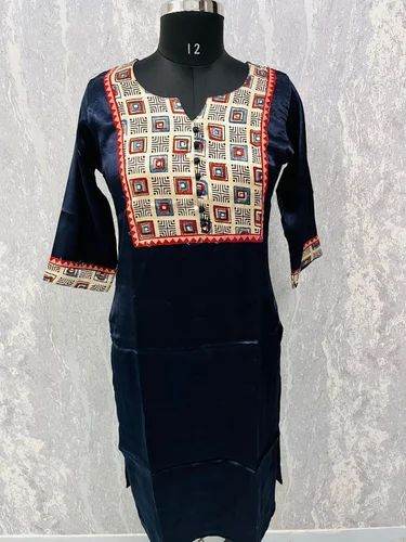 Navy Blue (Base) Ajrakh Print Gajji Silk Kurti, Size: M